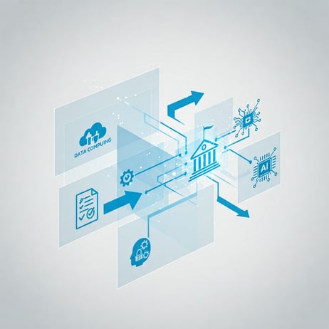 Abstract illustration of government digital transformation showing data computing, AI, cloud services, and document management interconnected by arrows.