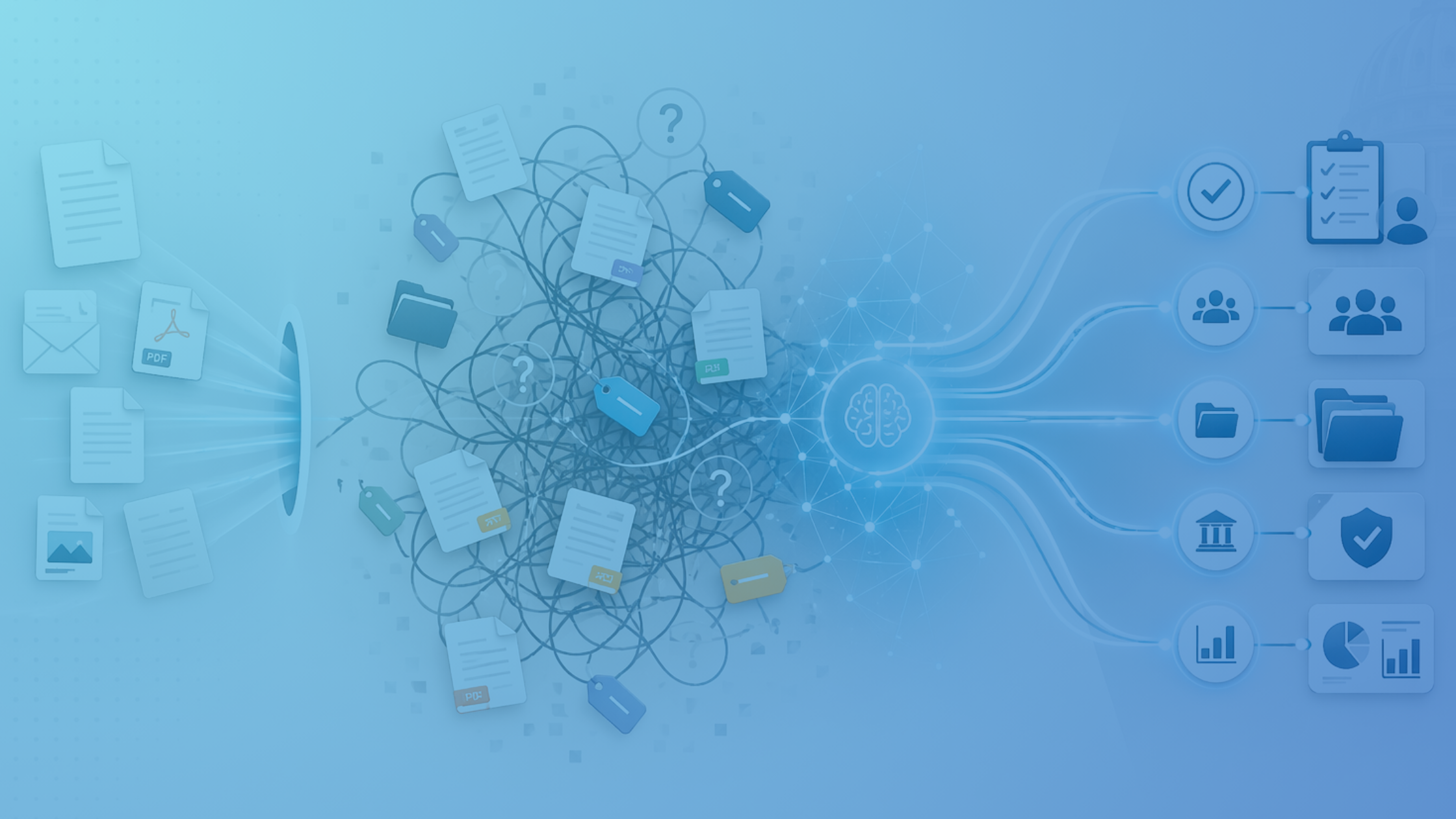 Illustration of documents entering a system, becoming tangled and disorganized in the middle, then emerging as structured, automated workflows with AI-driven connections and organized outputs.