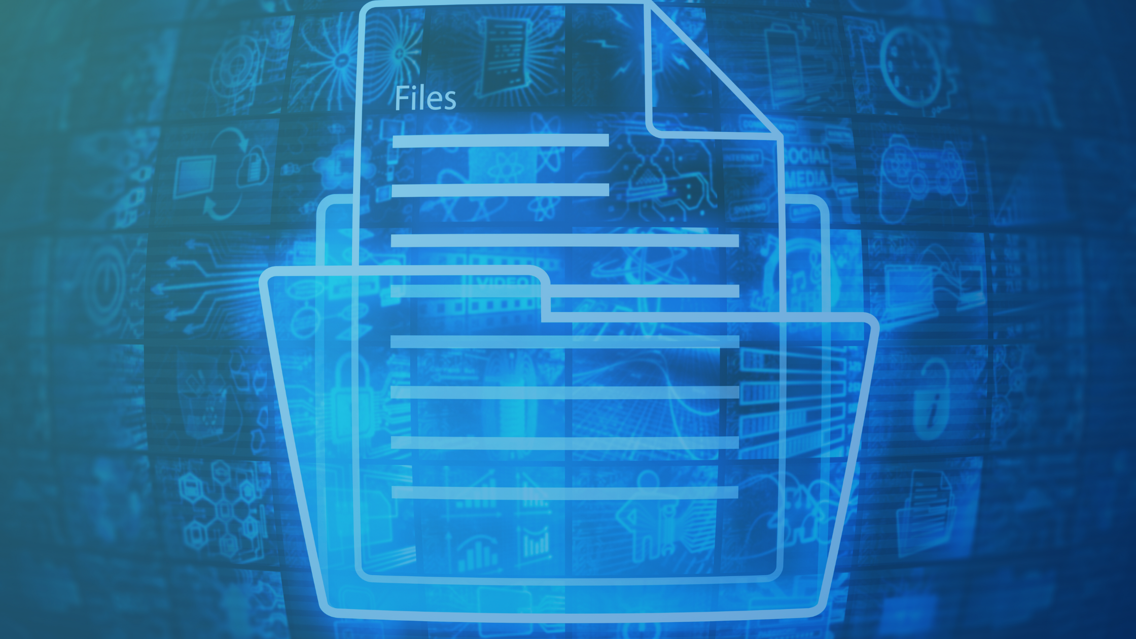 Blue-toned digital illustration of a file folder and document icon labeled “Files,” overlaid on a background of interconnected technology icons, servers, data symbols, and circuit patterns, representing digital document management and structured data systems.