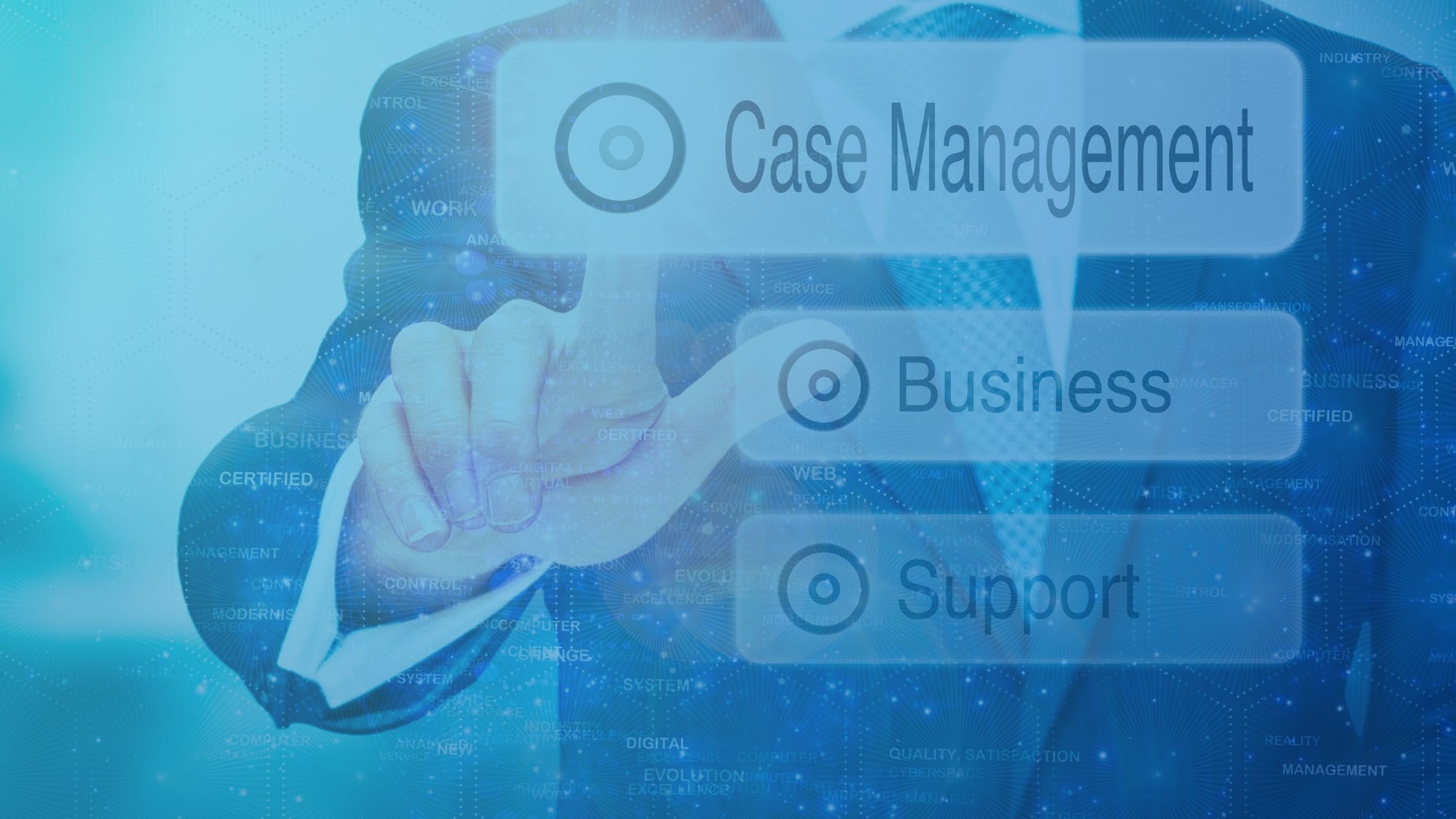 Business professional selecting 'Case Management' on a digital touchscreen interface, with options for Business and Support displayed against a blue technology background.